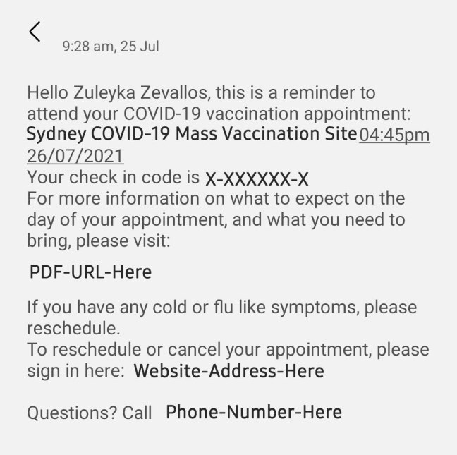 SMS showing my name and appointment, with a PDF link