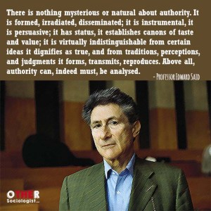 Drawing of Edward Said at the bottom of the graphic, with a quote from him at the top: There is nothing mysterious or natural about authority. It is formed, irradiated, disseminated; it is instrumental, it is persuasive; it has status, it establishes canons of taste and value; it is virtually indistinguishable from certain ideas it dignifies as true, and from traditions, perceptions, and judgments it forms, transmits, reproduces. Above all, authority can, indeed must, be analysed.