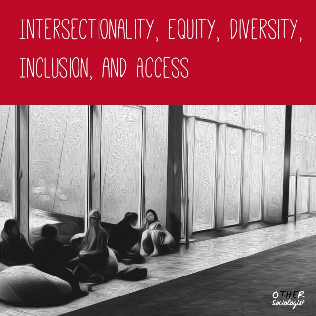 Bottom two-thirds is a drawing of indistinct figures seated on the ground in a large building, beside windows. Title of the resource is at the top: Intersectionality, equity, diversity, inclusion and access