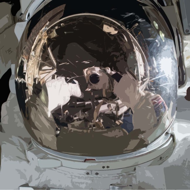 Close up of astronaut's reflection on their helmet, as they work in space