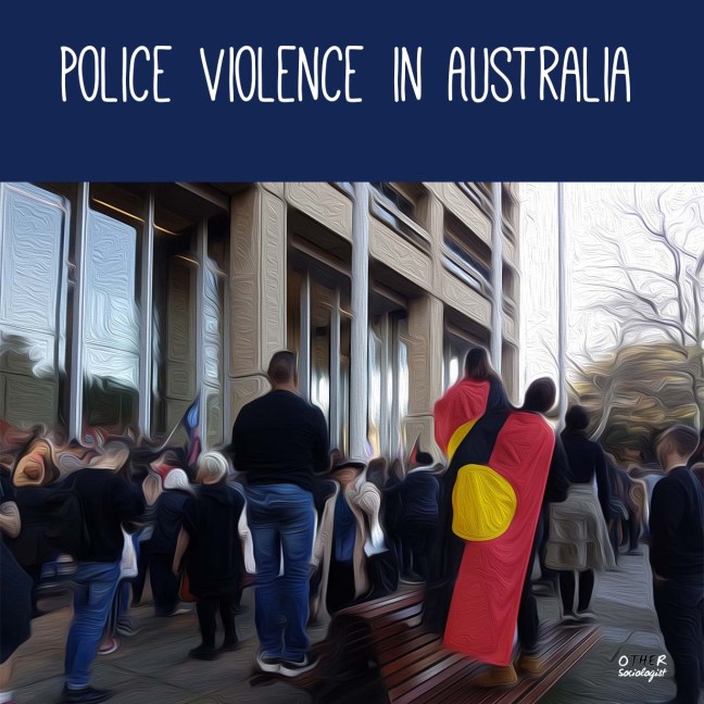 Oil painting style image of a group of protesters in front of New South Wales Court. Two of them stand on seats and wear the Aboriginal flag. The title reads, "Police violence in Australia"