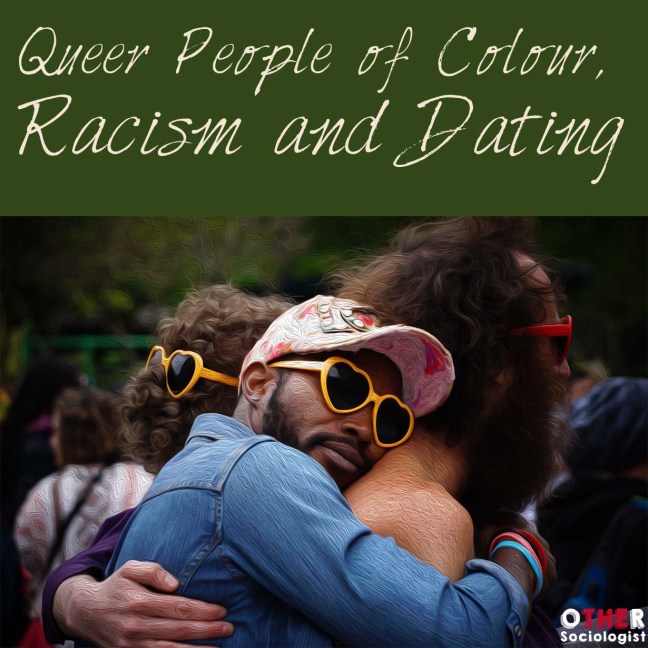 A Black man hugs a White man from the back with another man hugging them from the side