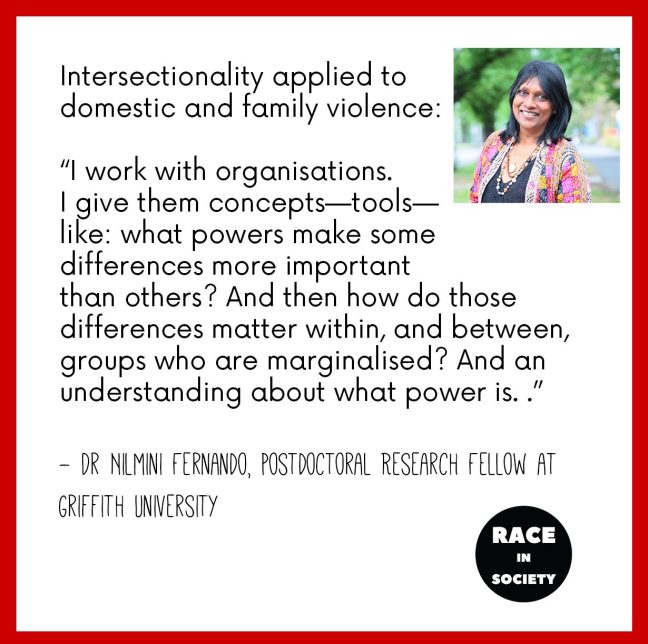 A photo of Dr Nilmini Fernando on the top right. Quote reads: I work with organisations. I give them concepts—tools—like: what powers make some differences more important than others? And then how do those differences matter within, and between, groups who are marginalised? And an understanding about what power is.