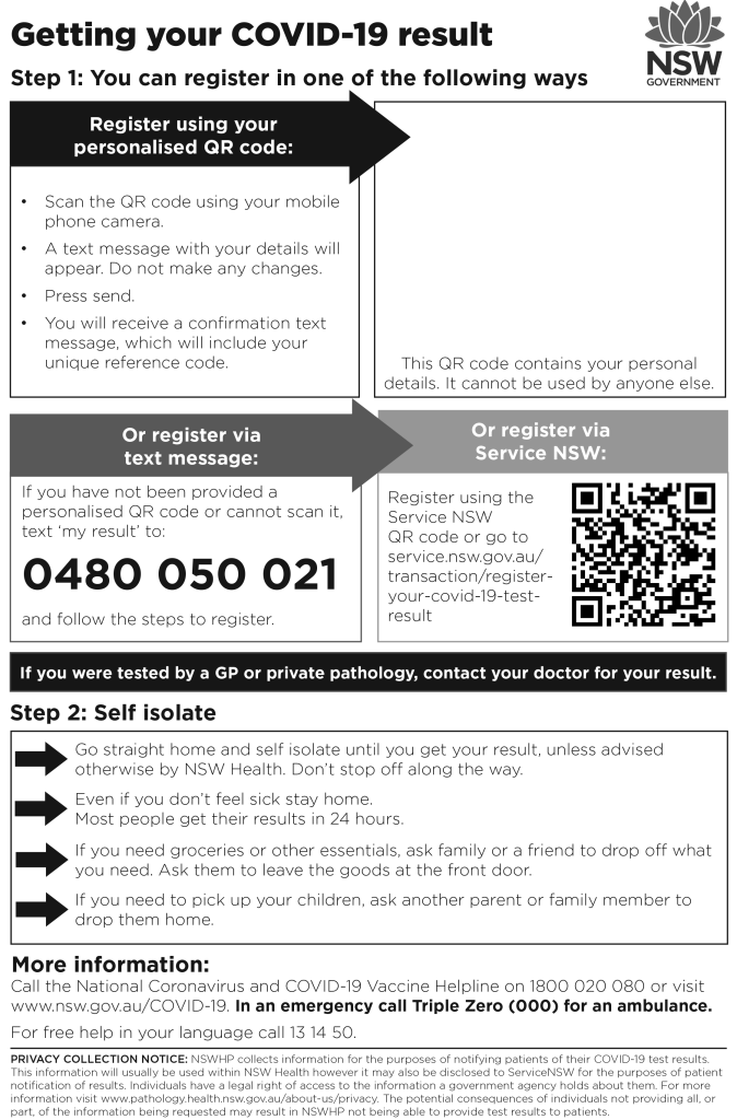 A4-flyer showing a QR code and the NSW Government logo. The heading reads "Getting your COVID-19 result." Step 1: You can register in the following ways - using your personalised QR code, or via text message. Step 2: self-isolate, including our study's behavioural message