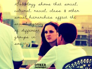 A woman faces the camera surrounded by seated friends. Quote is overlaid, saying: 'Sociology shows that social, cultural, racial, class and other social hierarchies affect the sexual agency of different groups in society