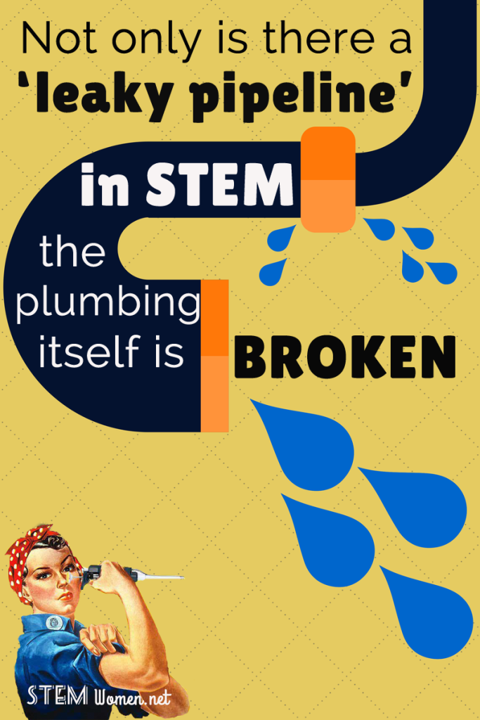 Drawing of a sink leaking water, with 'Rosie the Riverter' holding a pipette. Text reads: Not only is there a 'leaky pipeline in STEM,' the plumbing itself is broken.'