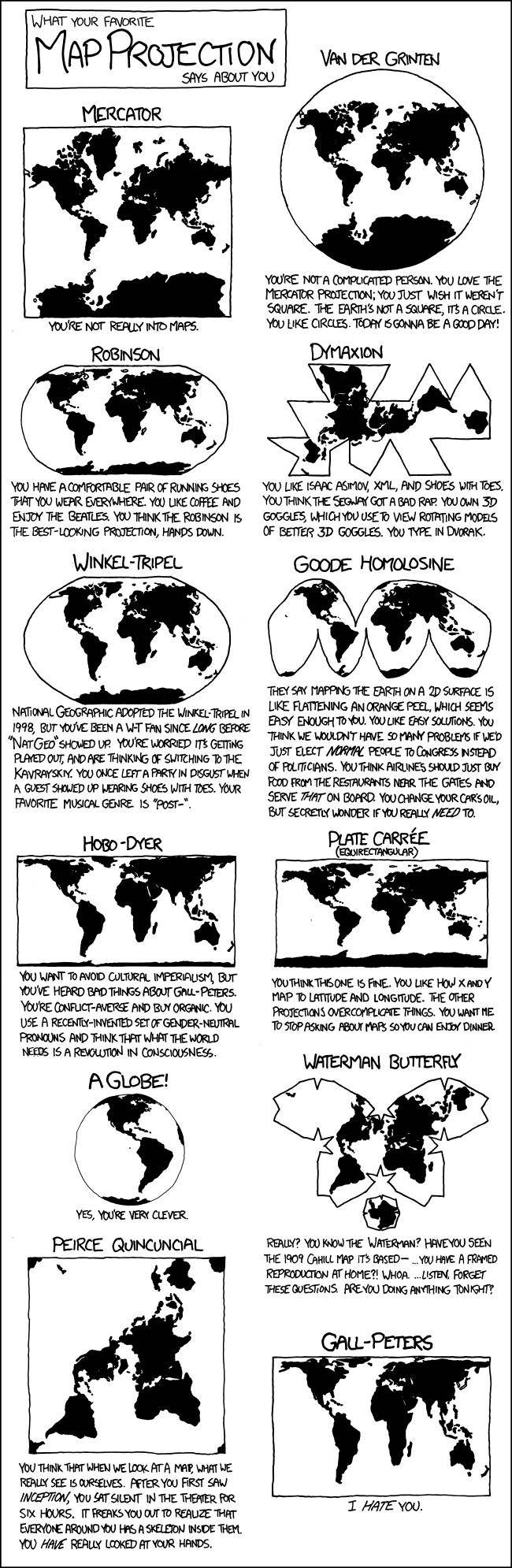 'What your favourite map project says about you.' Various maps comically explained. Includes: Mercator, Van der Grinten Robinson, Dymaxion, Winkel-Tripel, Goode Homolosine, Hobo-Dyer, Plate Caree, globe, Waterman Butterfly, Pierce Qunicuncial, and Gall-Peters