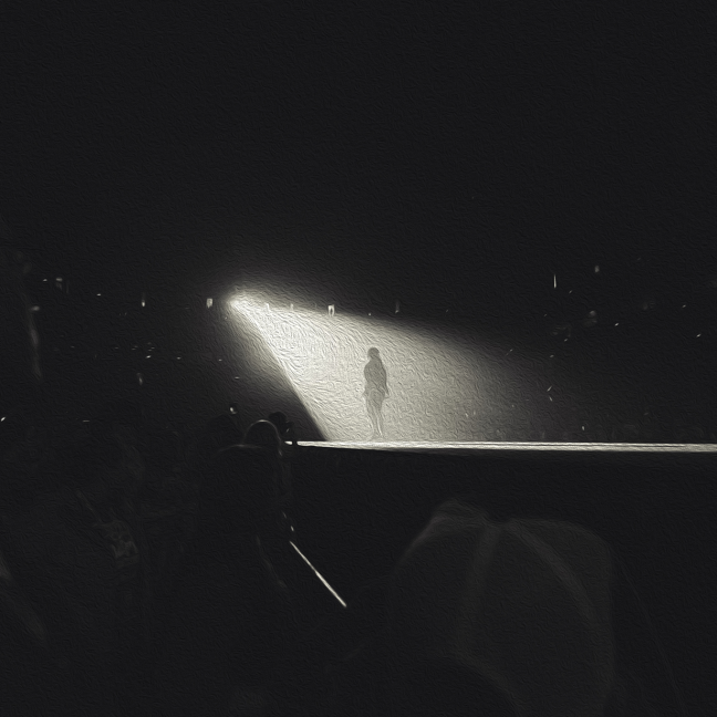 In the background, a person stands onstage bathed in light. People in the foreground watch in the forefront