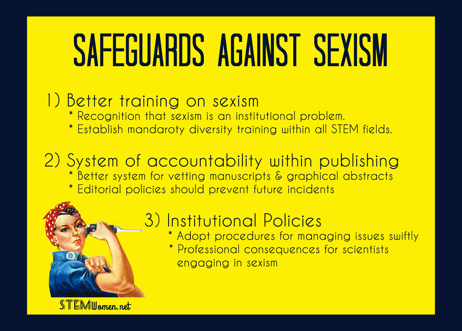 STEMWomen.net logo shows Rosie the Riverter holding a pipette. Text reads: Safeguards against sexism: 1) Better training on sexism. 2) System of accountability within publishing. 3) Institutional policies