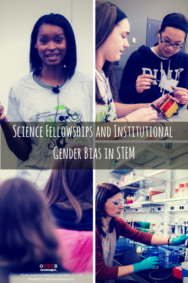 Women of colour speaking and doing science. Text reads: Science Fellowships and Institutional Bias