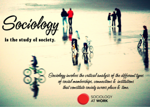 Image of groups of people walking and individuals riding bikes in different directions. Text reads: Sociology is the study of society. Sociology involves the critical analysis of the different types of social memberships, connections and institutions that constitute society across time and place